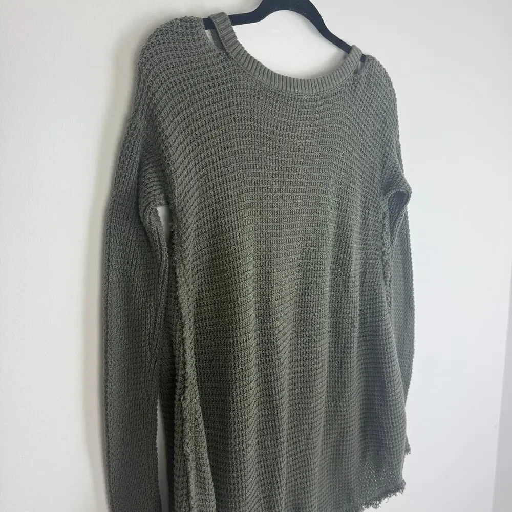 Free People Womens Moonshine Cold Shoulder Hi-Lo V-Neck Olive Green Sweater XS